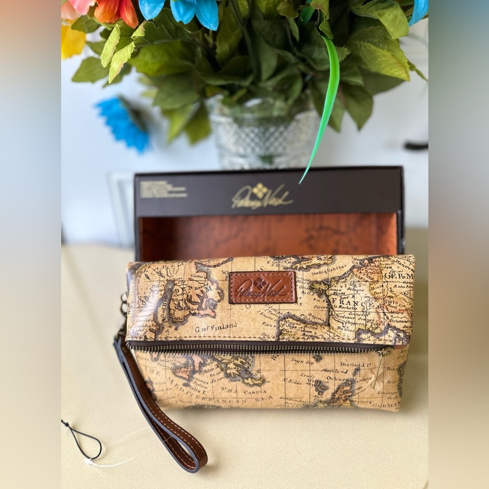 New Patricia Nash Valerie European Map Fold Over Wristlet/ Clutch
